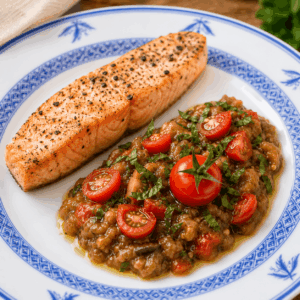 Auberginensauce als Aufstrich oder Beilage zu Lachs + Fleisch