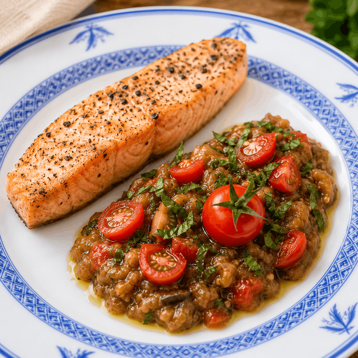 Auberginensauce als Aufstrich oder Beilage zu Lachs + Fleisch