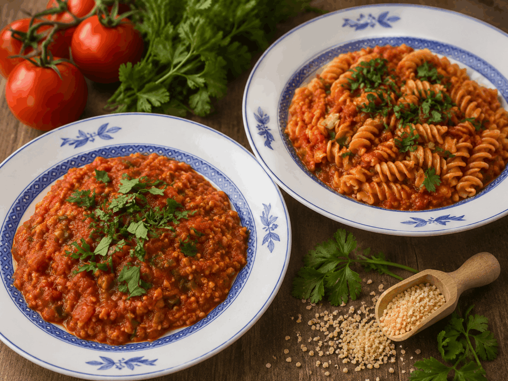 Vegane indische Tomatensauce mit Lupinenschrot oder Lupinennudeln