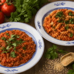 Vegane indische Tomatensauce mit Lupinenschrot oder Lupinennudeln Vegane indische Tomatensauce mit Lupinenschrot oder Lupinennudeln