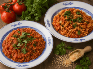 Vegane indische Tomatensauce mit Lupinenschrot oder Lupinennudeln