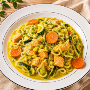 Lachs-Curry mit Konjaknudeln – schnell, aromatisch & ein Familienhit