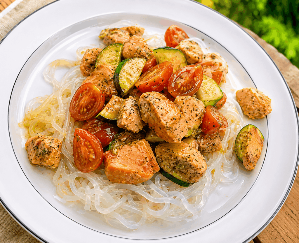 Lachs mit Zucchini und Konjaknudeln – cremig, leicht & schnell