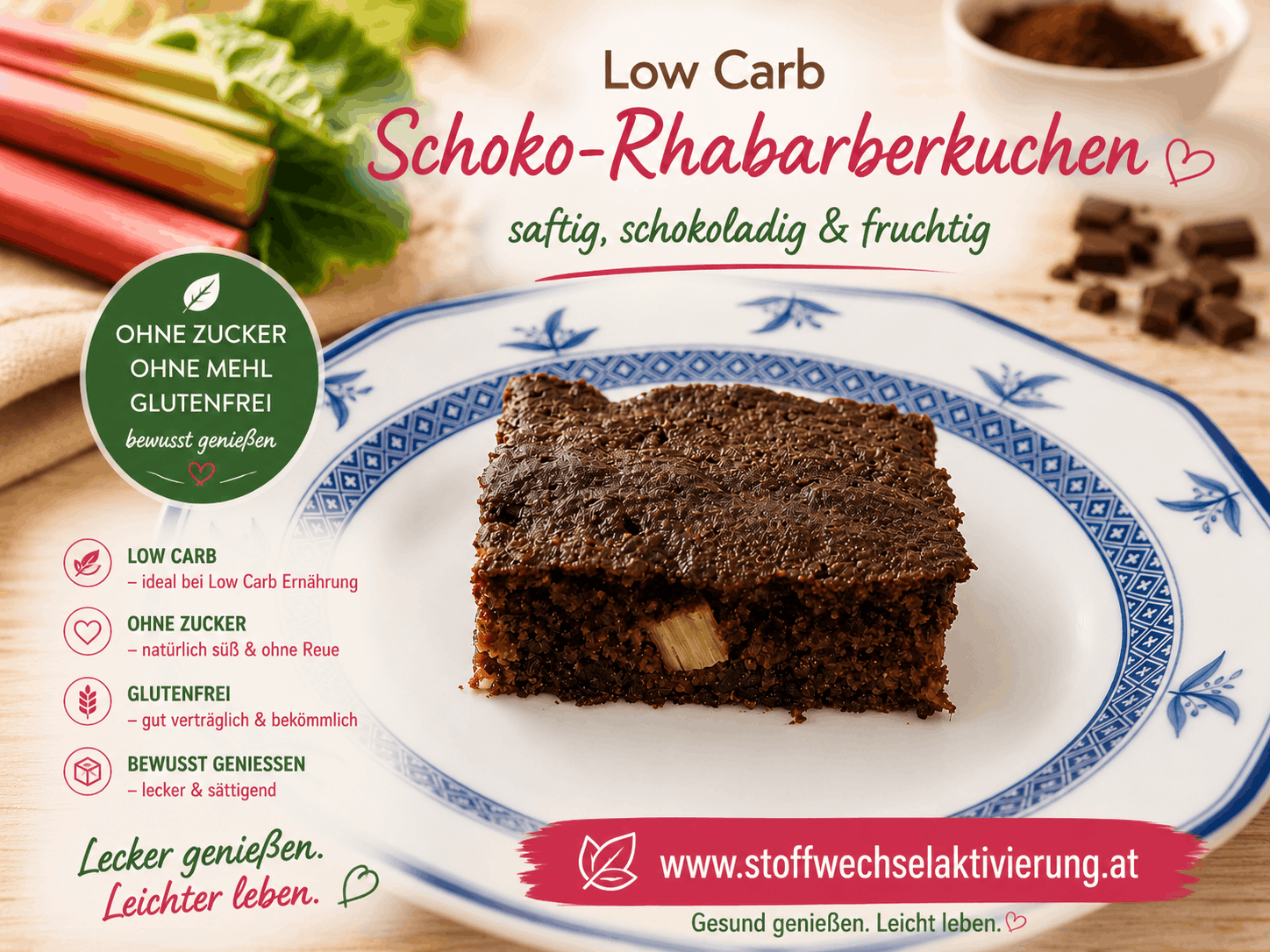 Schoko-Rhabarber-Kuchen – saftig, schokoladig & ohne Zucker