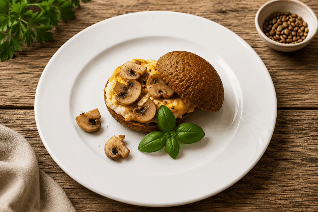 Kürbiskernmehl-Weckerl mit Pilz-Eierspeise – herzhaft & in 45 Minuten fertig