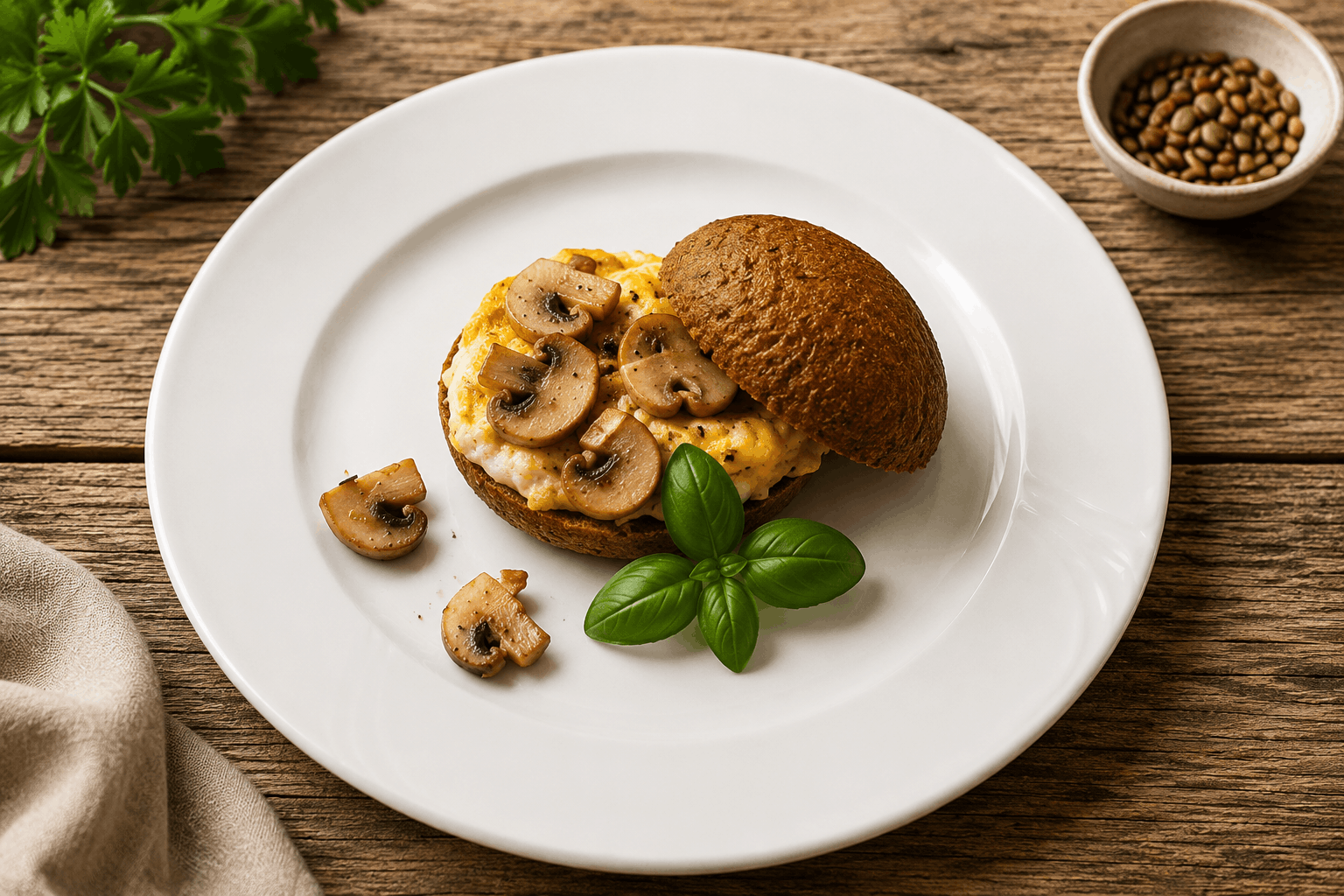 Kürbiskernmehl-Weckerl mit Pilz-Eierspeise – herzhaft & in 45 Minuten fertig